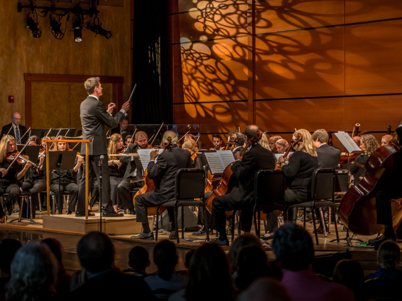 A conductor stands on a podium, leading an orchestra of musicians performing on stage. The musicians, dressed in black, play various instruments including violins, cellos, and brass. The audience watches from their seats, with stage lights creating patterns on the walls.