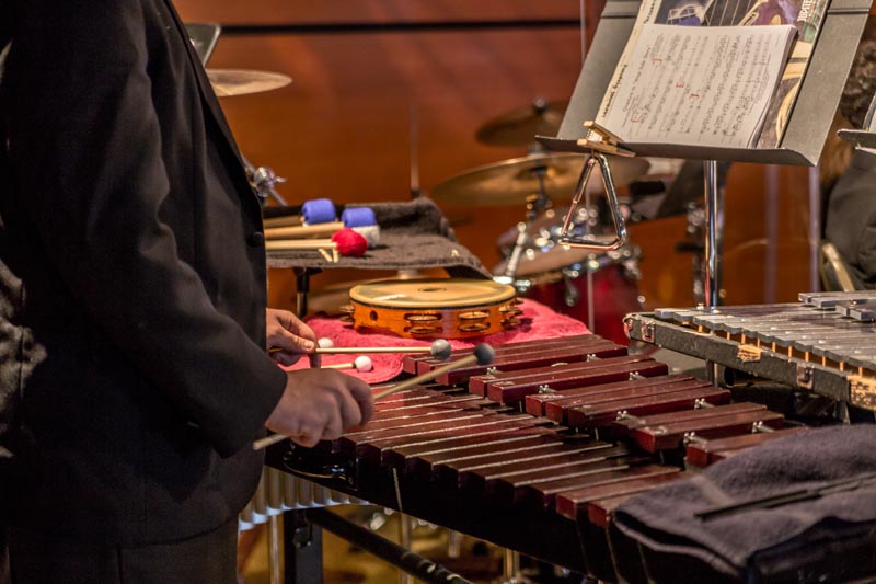 A musician dressed in black plays a marimba with drumsticks in a well-lit performance setting. Various percussion instruments, including a tambourine and a triangle, are visible in the background, along with sheet music on a stand.