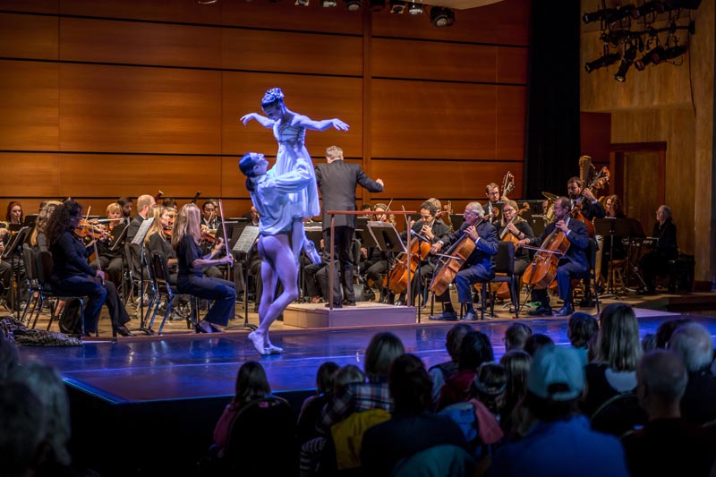 A graceful ballet dancer lifts his partner high above his head, while an orchestra, led by a conductor, plays behind them in a concert hall. The audience watches attentively from their seats in the foreground.
